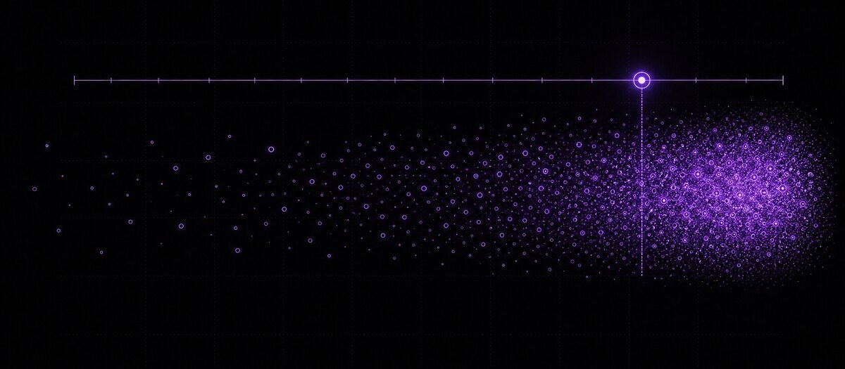 A particle field thickening steadily from left to right beneath a slider handle, illustrating the particle count