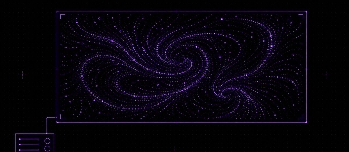 A wide display filled edge to edge with a particle field, driven by a small detached control panel