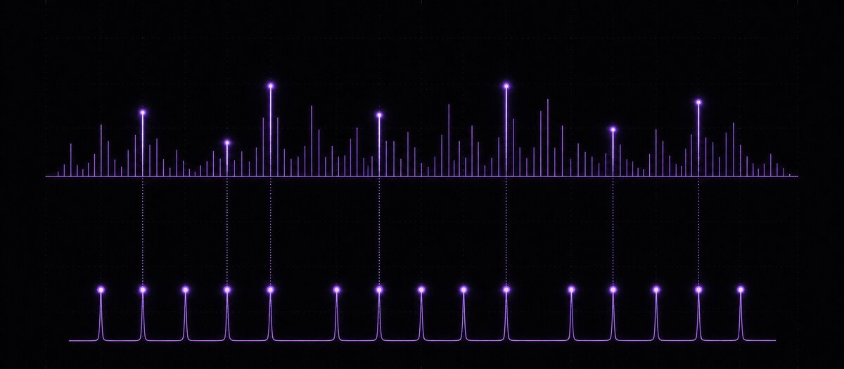 A spectrum plot above a regular pulse train, tied together by guide lines, illustrating spectrum and BPM lock