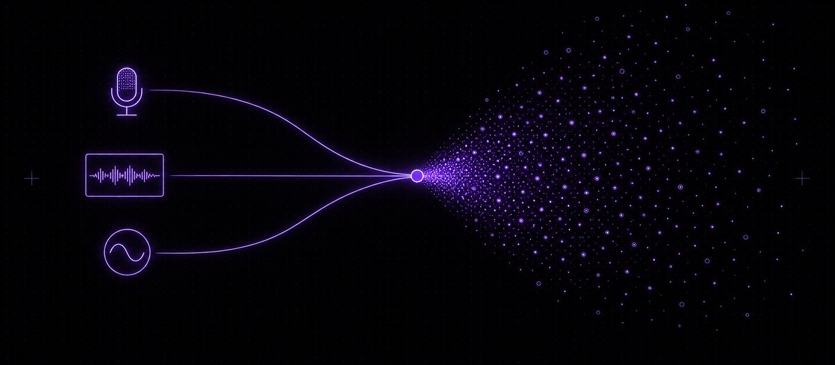 A microphone, a file and an oscillator converging into a node that bursts into a particle field