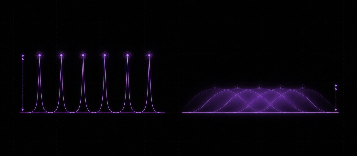 Narrow separated resonant peaks beside wide overlapping blurred humps, illustrating bandwidth and resonance