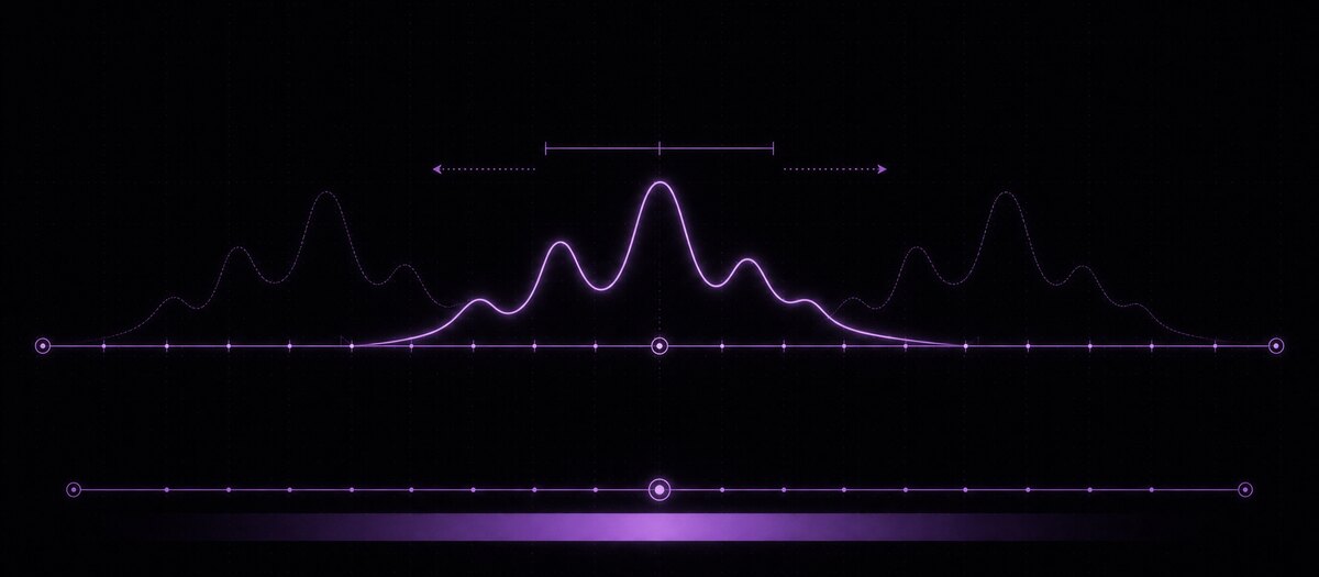 A spectral envelope with two ghost copies shifted along the frequency axis, above a continuous carrier scale