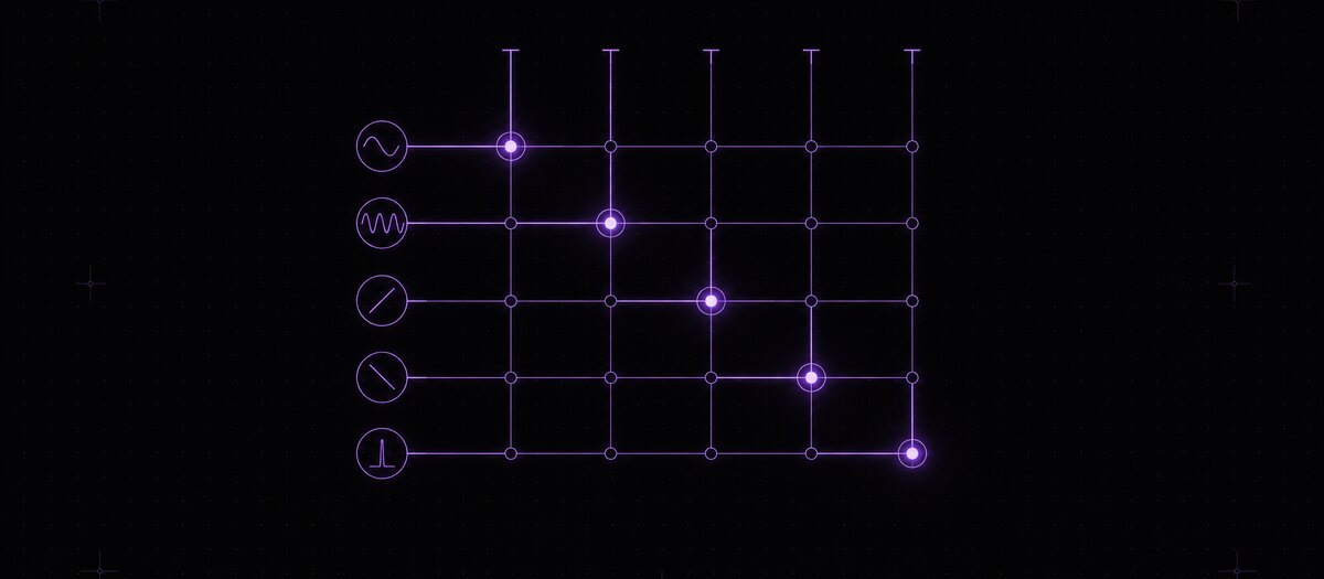A routing lattice with five lit cross-points connecting LFO and envelope sources to destinations