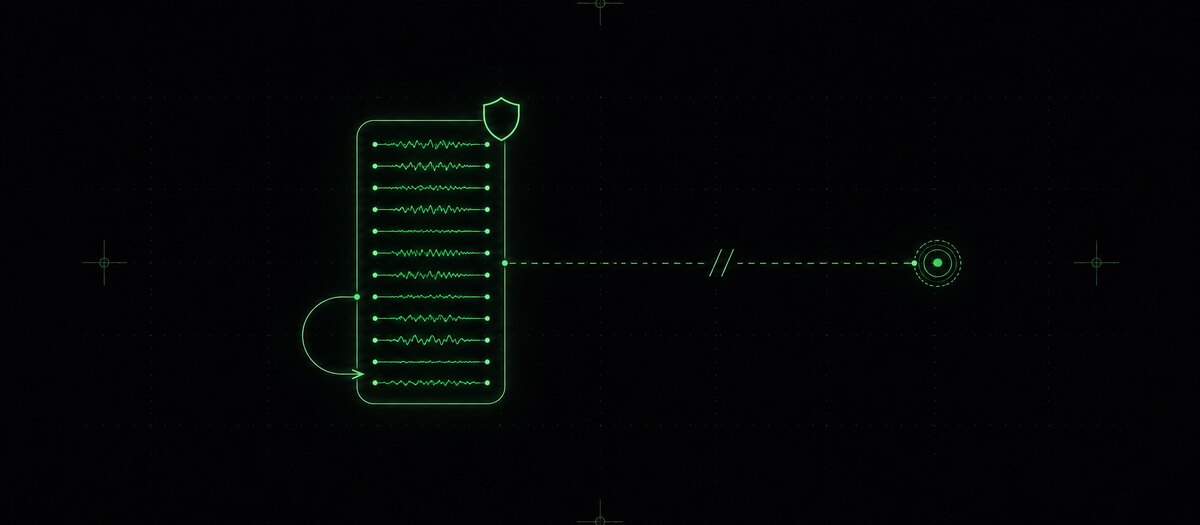 A local container of recordings looping back into itself, with the line to a remote node cleanly broken