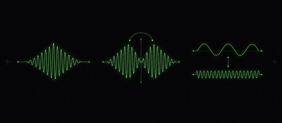 A waveform with fade ramps, its mirrored copy, and the same wave at two different cycle spacings