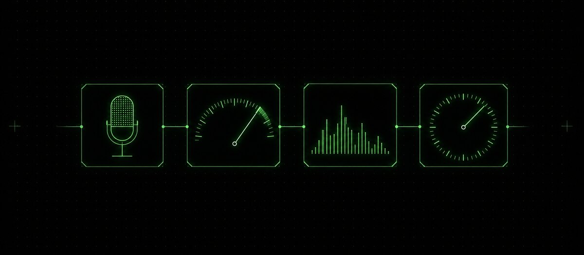 A microphone, a VU meter, a spectrum and a timer chained together, illustrating the recording station