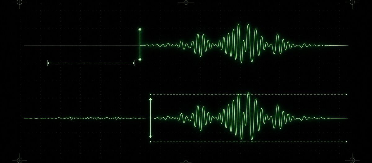 Dead air marked for removal above, and a quiet waveform scaled up to its ceiling below