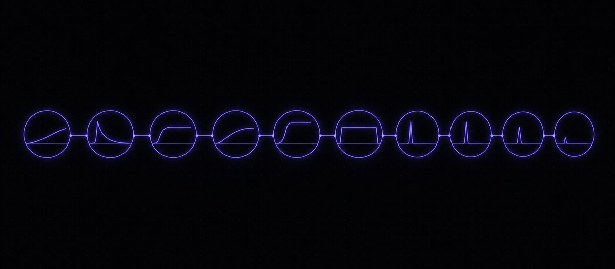 Ten circular tokens holding pitched envelopes and percussive spikes, illustrating the instrument palette