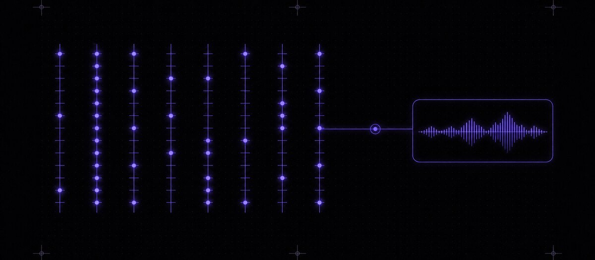 Eight pitch ladders with different lit subsets, feeding out through a port into an audio file