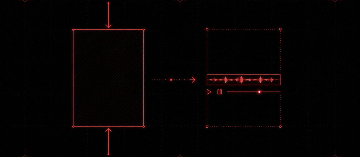 A tall video frame collapsing into a slim waveform strip with the transport kept beneath