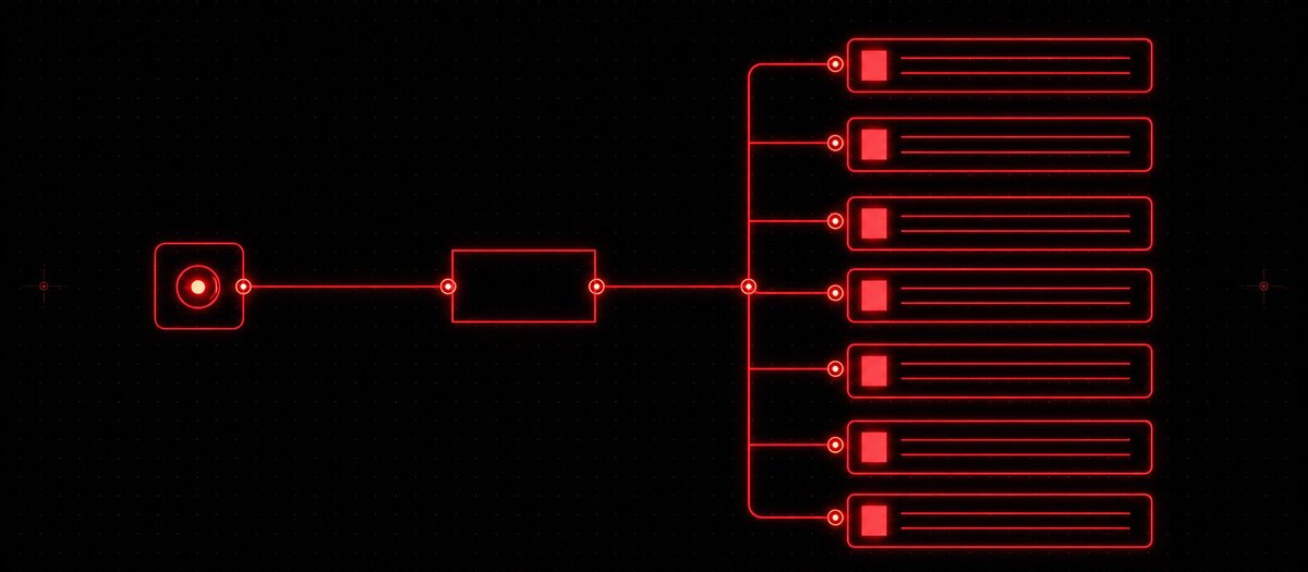 A query node passing through a relay box and fanning out into a stack of blank result rows