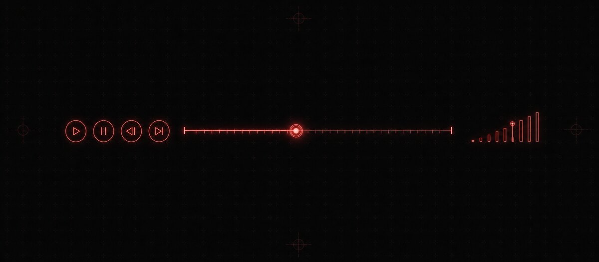 Transport glyphs, a seek track with a handle, and a volume ramp, illustrating the player transport